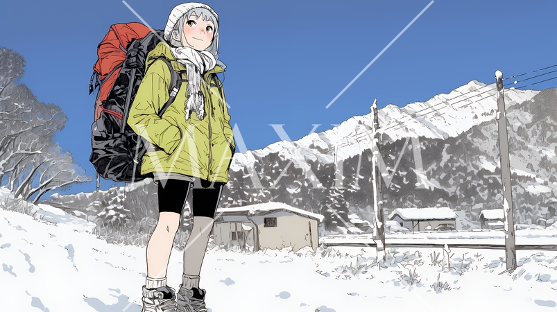 雪の積もる田舎道を歩いている若い女性