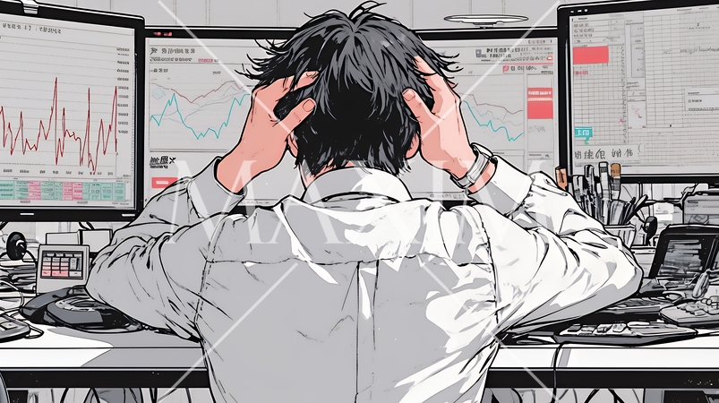 金融市場の急激な変イラスト、151a-azp、ビジネス、金融市場、男性、ビジネ動で頭を抱えている男性