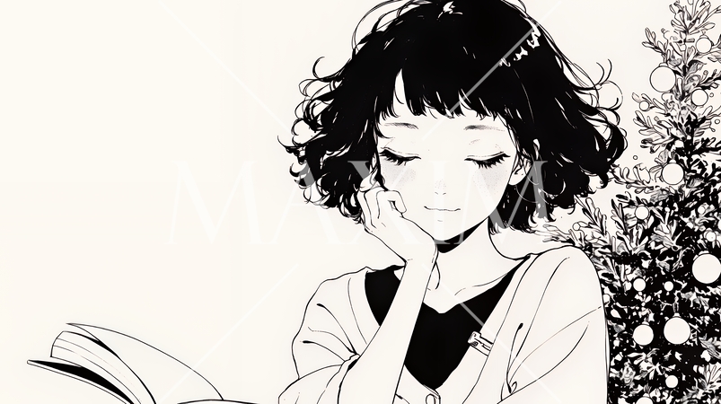 資料（本）を読みながら、うとうと眠ってしまう若い女性（シンプルな色使い）