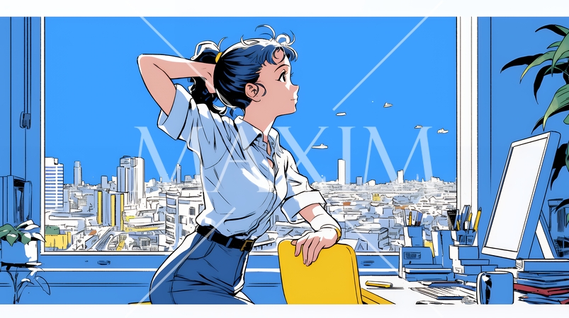 仕事の合間にストレッチ（伸び）をする女性