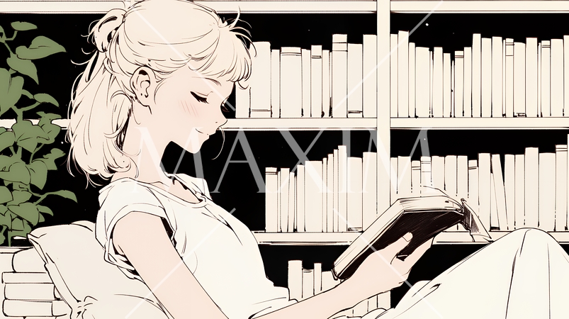 資料（本）を読みながら、うとうと眠ってしまう若い女性（シンプルな色使い）