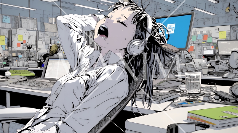 仕事中にあくびをしている若い女性