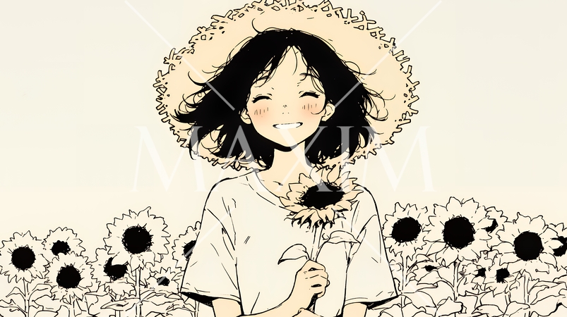 ひまわりと女性（シンプルな色使い）