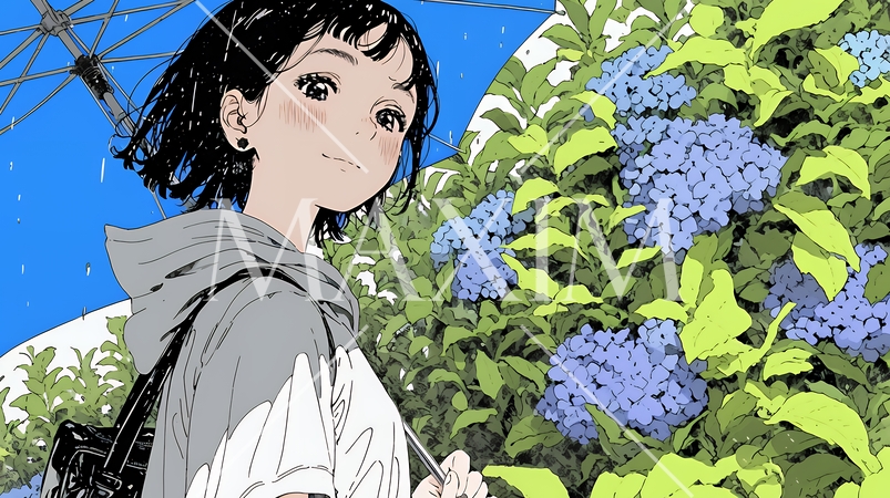 アジサイと梅雨の長雨と若い女性