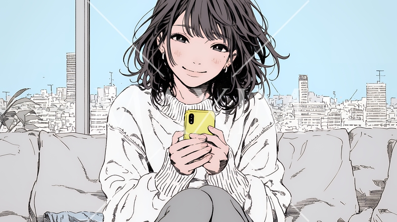 楽しそうにスマホ画面を眺めている若い女性