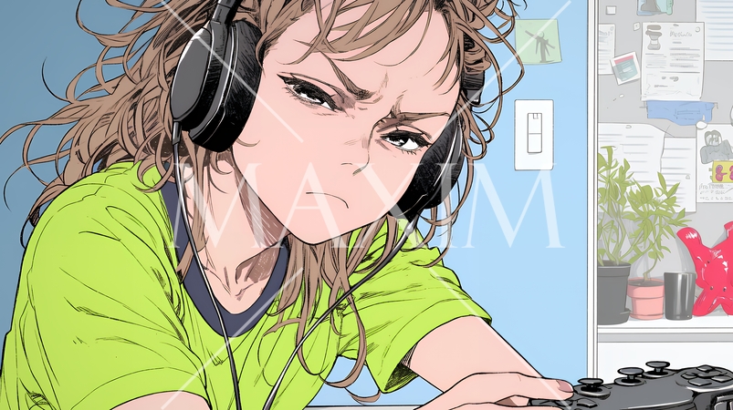 対戦型テレビゲームに没頭している若い女性