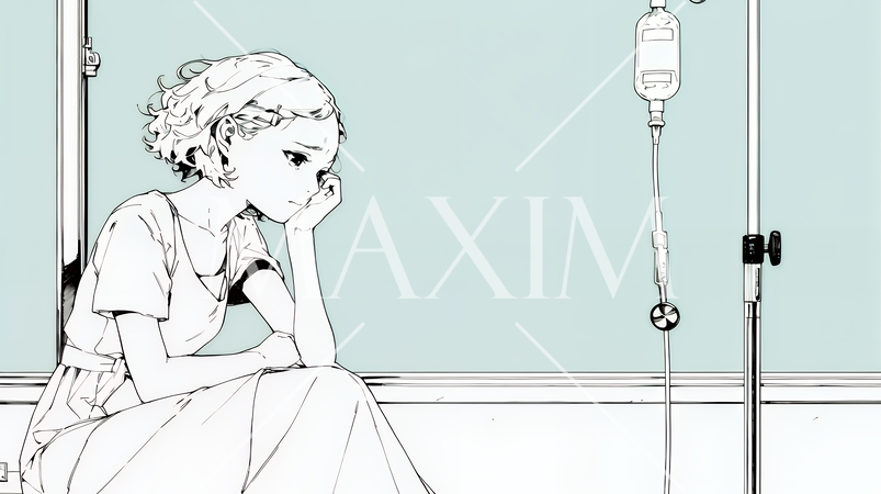病院のベッドに腰掛けて気落ちしている女性（シンプルな色使い）