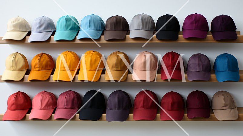 様々な色のキャップが壁に掛かっている背景画