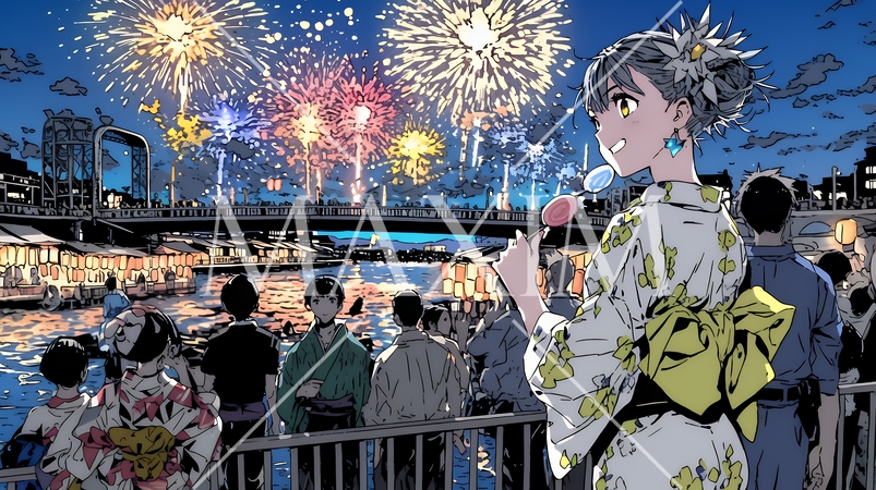 都会の花火大会と浴衣姿の若い女性