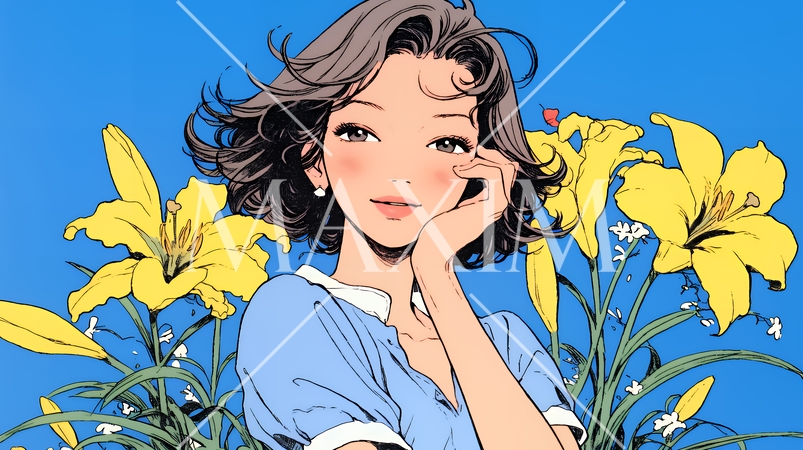 ユリの花と若い女性