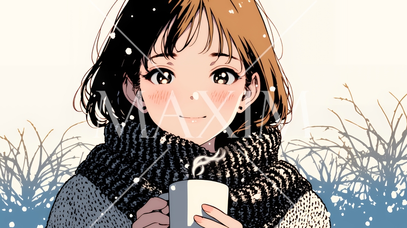 寒い冬、温かい飲み物を手にして、ふっと幸せそうに微笑む若い女性