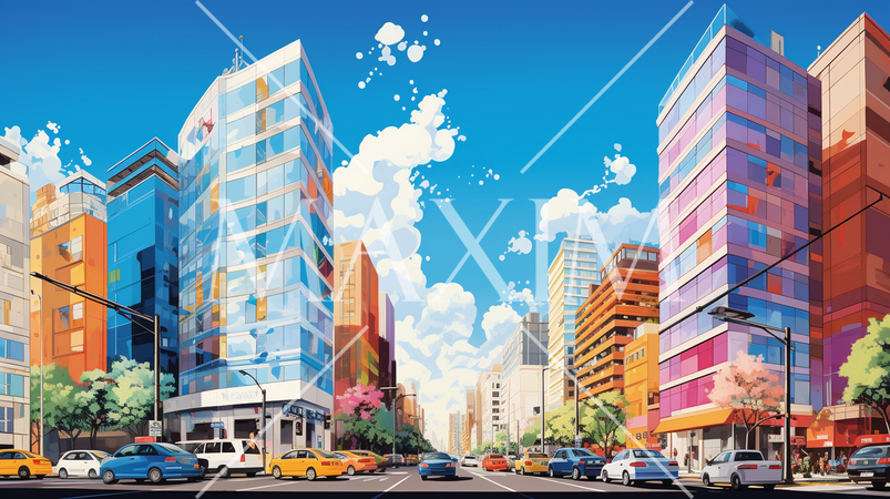 都心のビル街：ポップでカラフルな表現