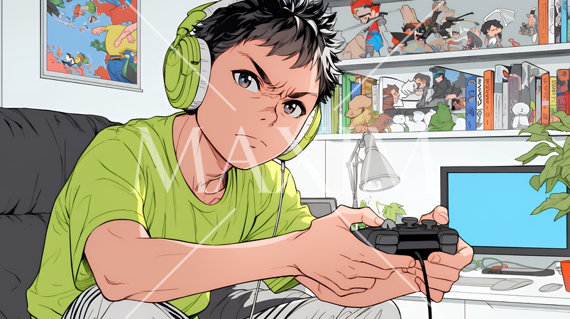 対戦型テレビゲームに没頭している若い男性