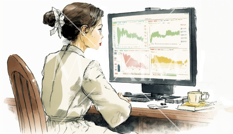 デスクに向かって取引画面を操作する女性トレーダーの横顔。