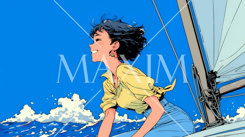 ヨットに乗っている若い女性