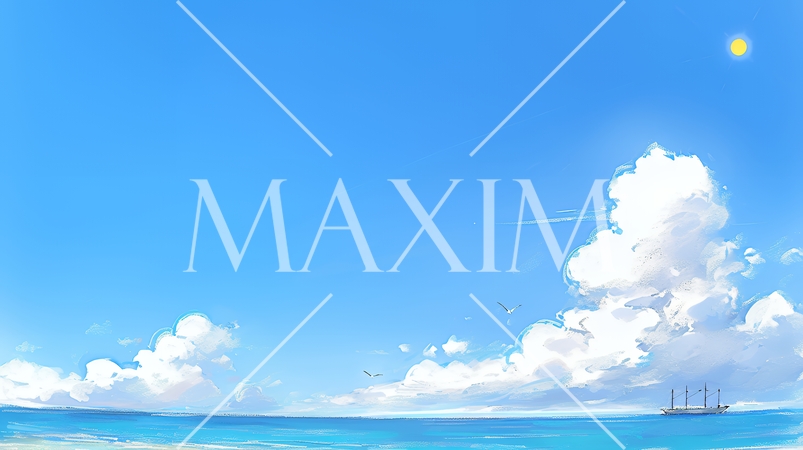 夏の青い空と青い海と白い雲のコントラスト（クレヨン＋水彩画風）