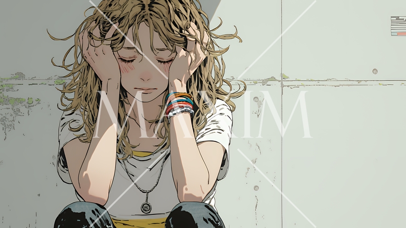 悔しがっている女性：一人座り、後悔と苛立ちをあらわにする苦悩した女性