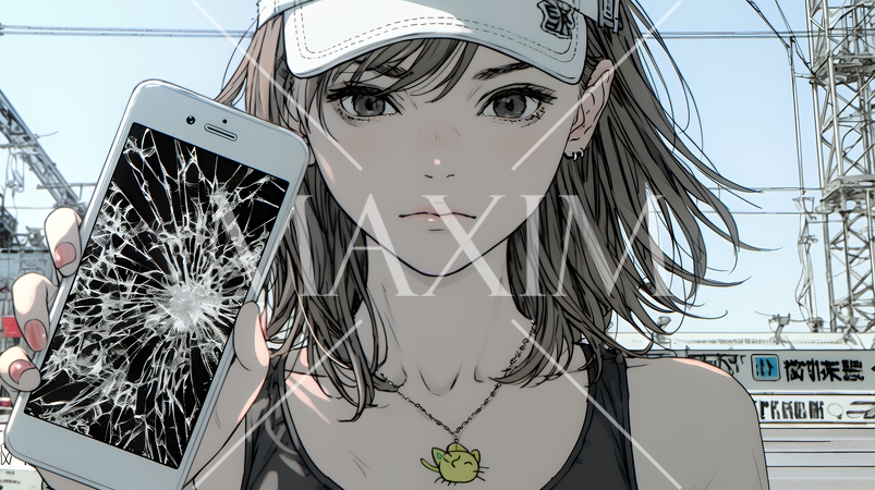 画面が激しく割れているスマートフォンを手にしているいる若い女性