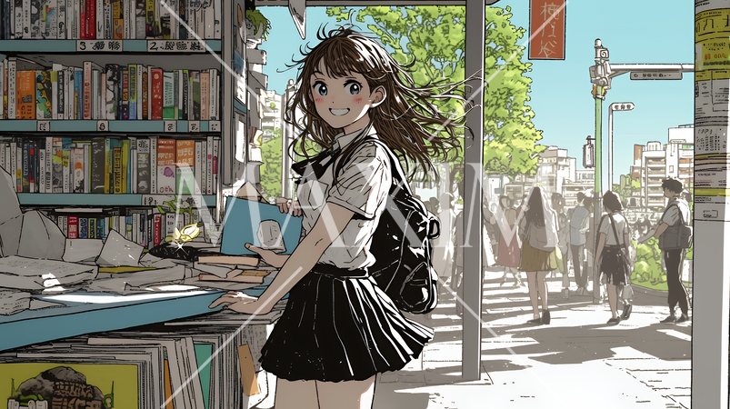 書店で本を選ぶ女子高生