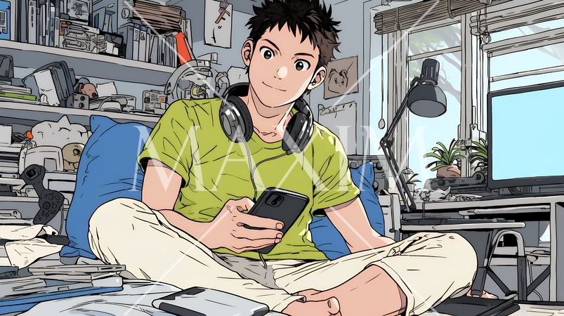 自宅の部屋でスマホをいじくっている若い男性