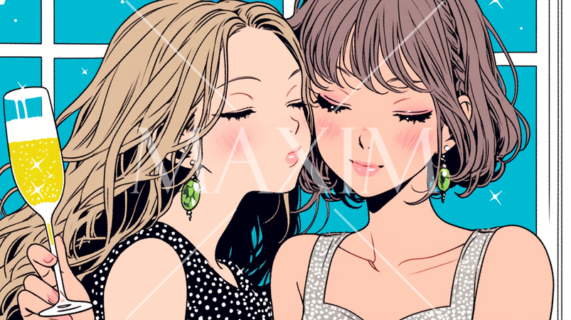 女子会：気の合う女友達が集まり、酒を交わし、おいしい食事をしながら、仕事の話や恋バナをしている