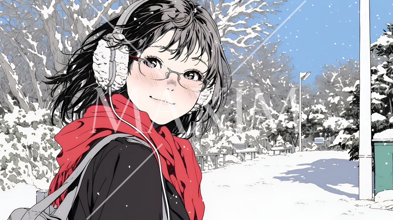 雪の積もる田舎道を歩いている若い女性