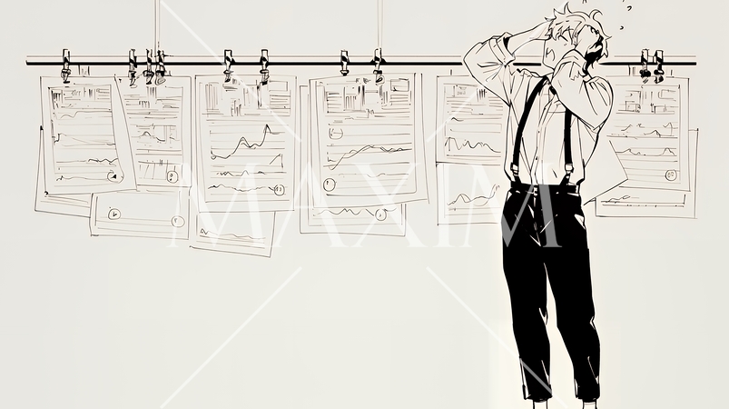 金融市場の急激な変動で頭を抱えている男性（シンプルな色使い）