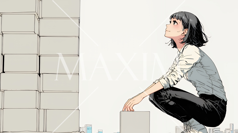 コンクリートブロックを積み上げているビジネスウーマン：計画の段階的積み重ねの比喩