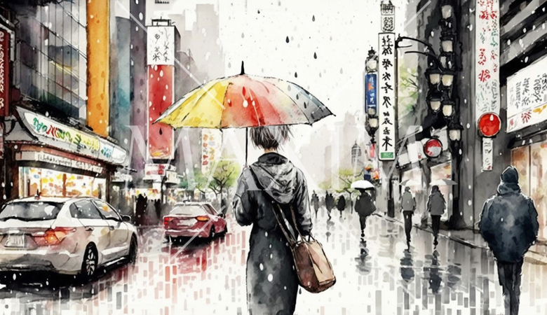 雨の東京の街角を女性が歩いている：水彩画