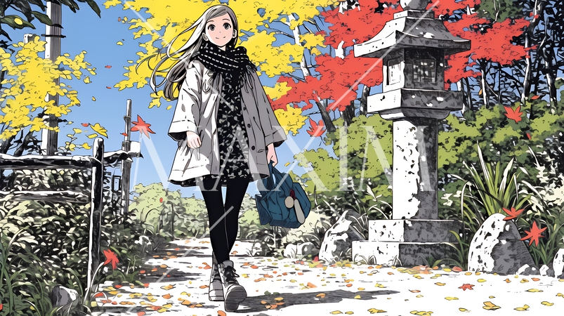 紅葉の小径を歩く若い女性