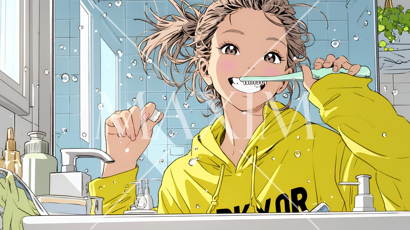 洗面所で朝の歯磨きをする若い女性