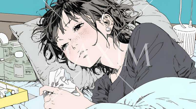 風邪でぐったりと寝込む、一人暮らしの女性