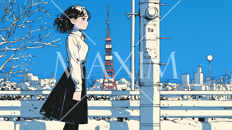 冬枯れの街を歩く若い女性