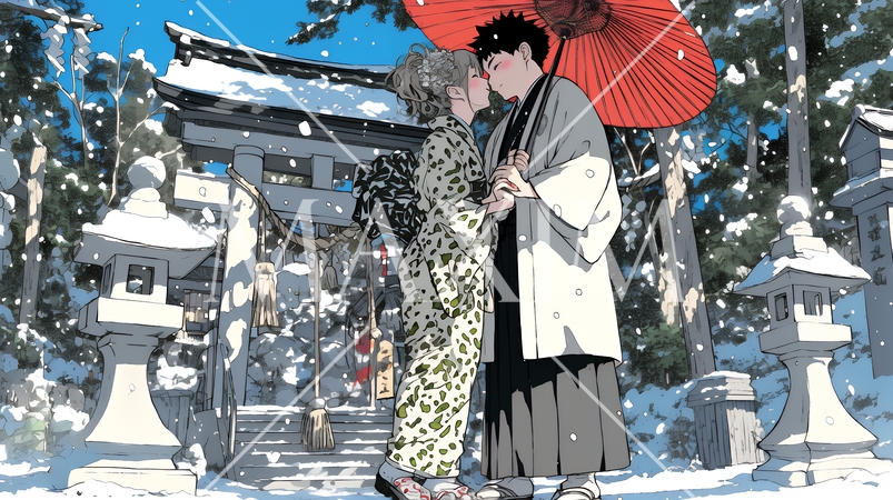 初詣をしている若い恋人カップル