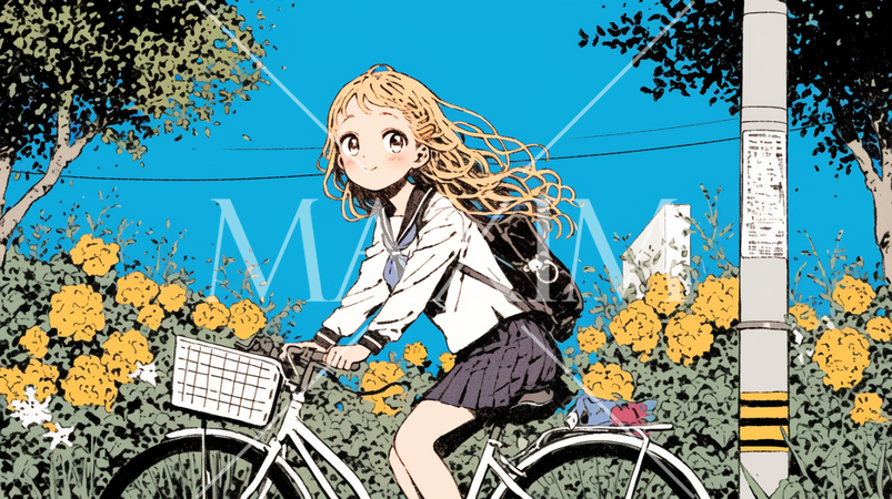 青空の下、自転車に乗る若い女性