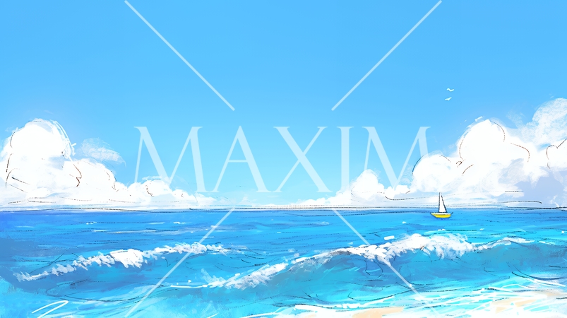 夏の青い空と青い海と白い雲のコントラスト（クレヨン＋水彩画風）