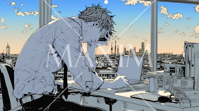 疲れ切った様子でオフィスデスクでため息をついているビジネスマン