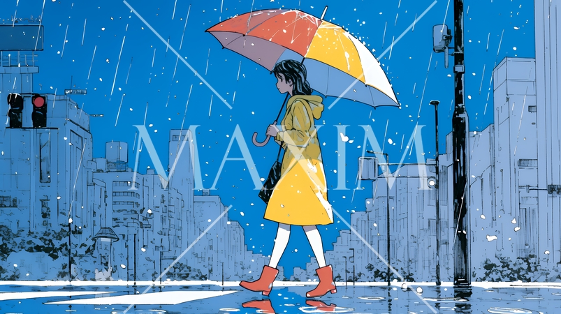 雨の日に傘をさして歩く若い女性