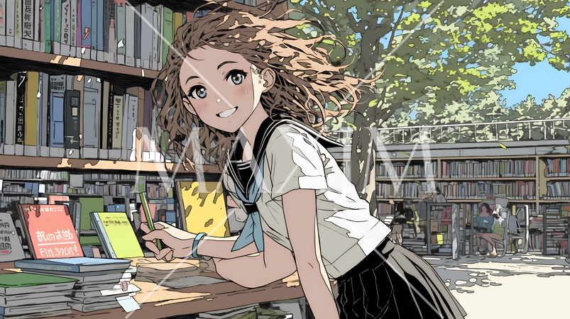 書店で本を選ぶ女子高生