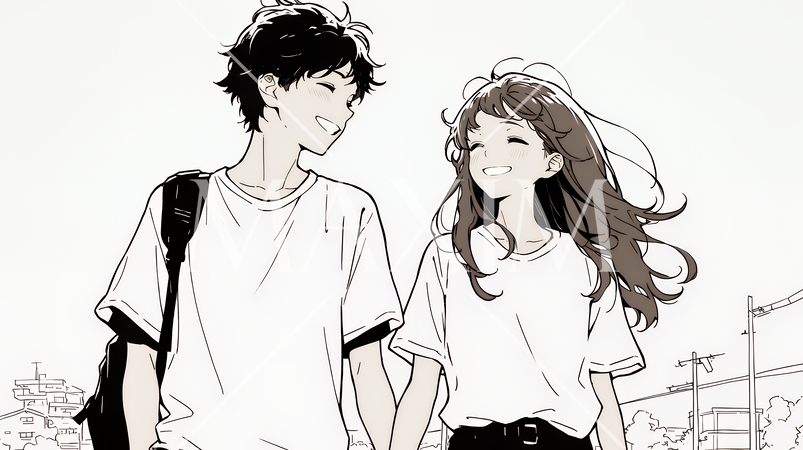 幸せそうなカップル：散歩中（シンプルな色使い）