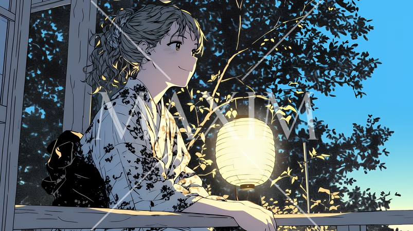 浴衣姿で夕涼みをしている若い女性