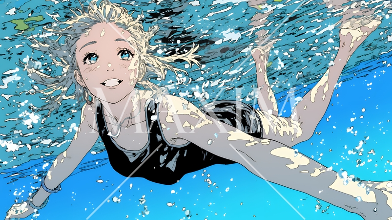 海で泳いでいる若い女性