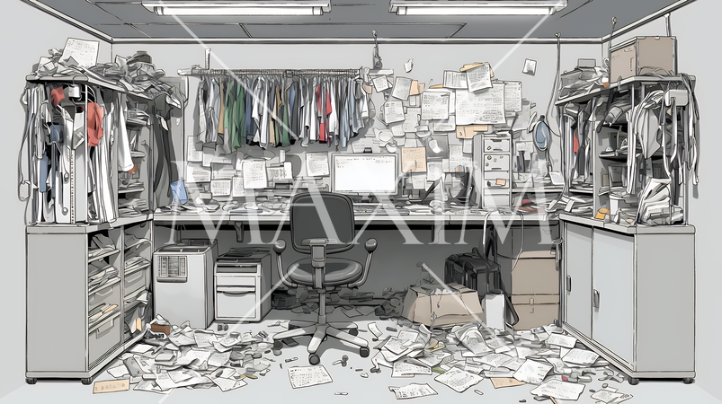 足の踏み場もないような散らかった仕事場