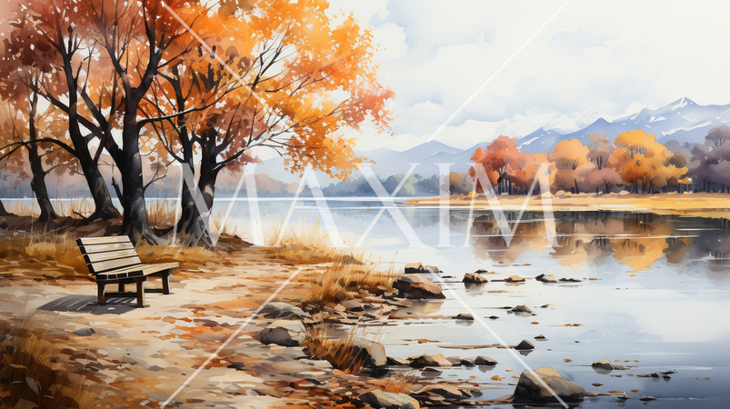 木々の紅葉が水面に映る美しい水辺の風景：水彩画