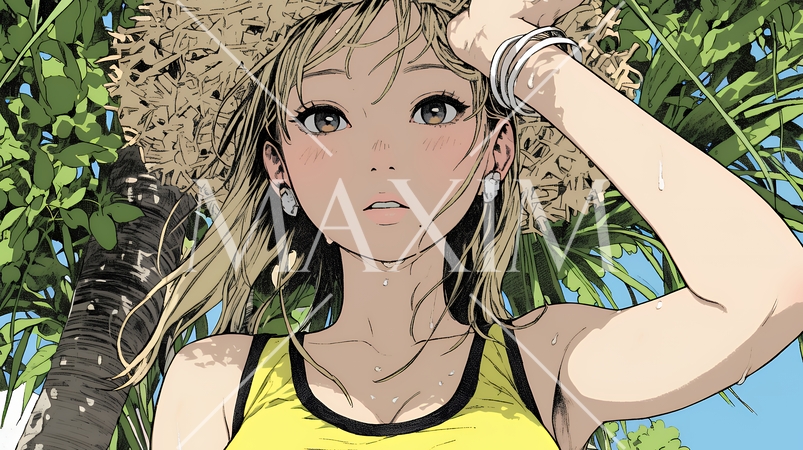 強烈な日差しでヘトヘト状態の女性（シンプルな色使い）