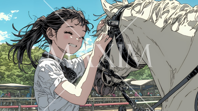 馬の世話をしている若い女性