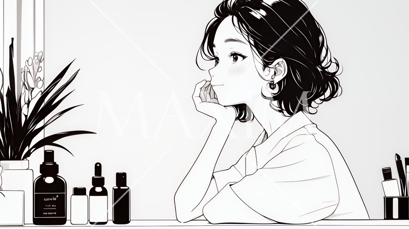 スキンケアを念入りに行う若い女性（シンプルな色使い）