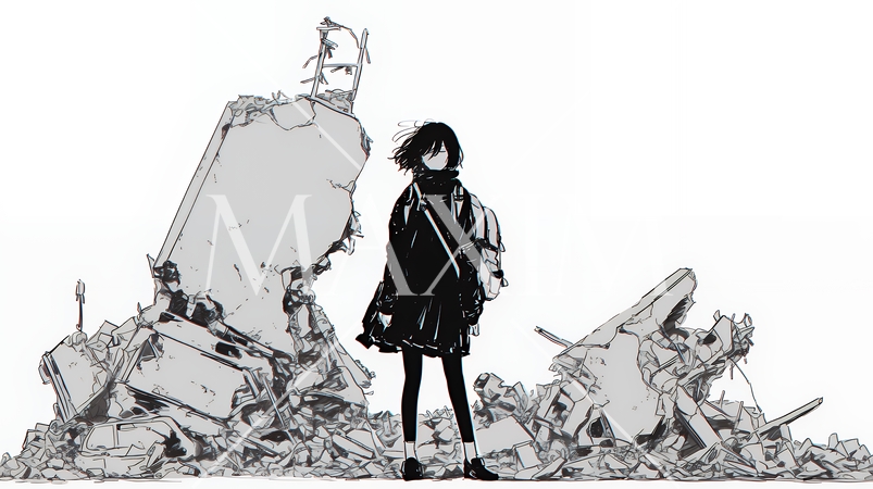 震災や空爆などで破壊された街で孤独に立ちすくむ若い女性（シンプルな色合い）