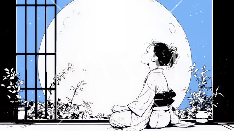 月見をしている和服姿の若い女性（シンプルな色使い）