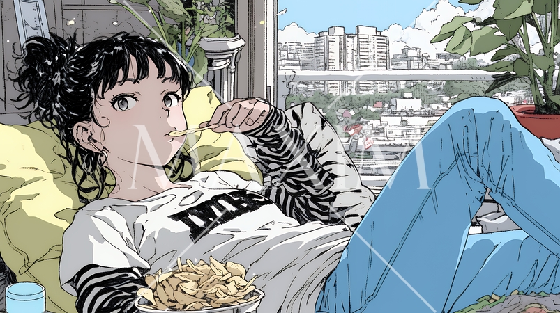 ポテトチップスをつまみながら、ひとりでビデオを観る若い女性